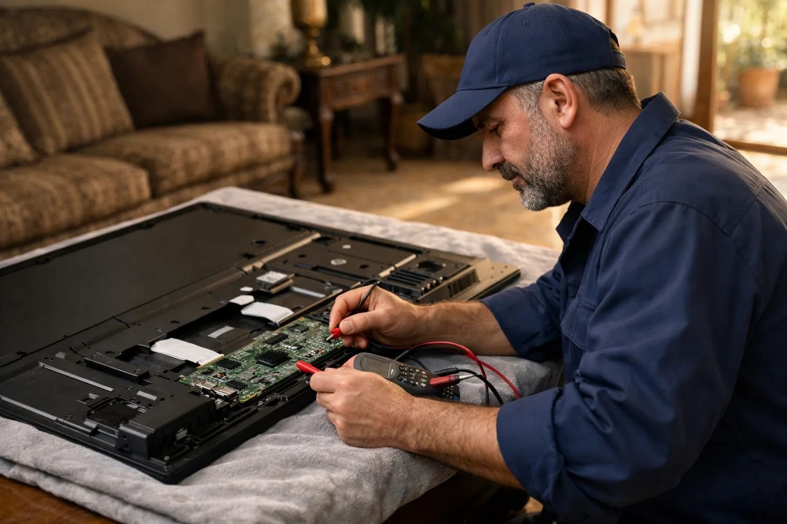فني كايرو فيكس يفحص منفذ HDMI وبورد الإدخال في شاشة اوريون